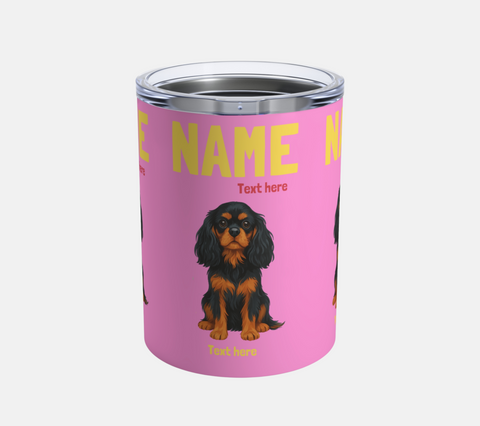 Pink tumbler with a dog illustration and customizable text on a white background