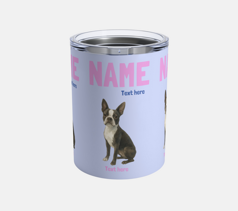 Tumbler with a dog design and customizable text on a white background