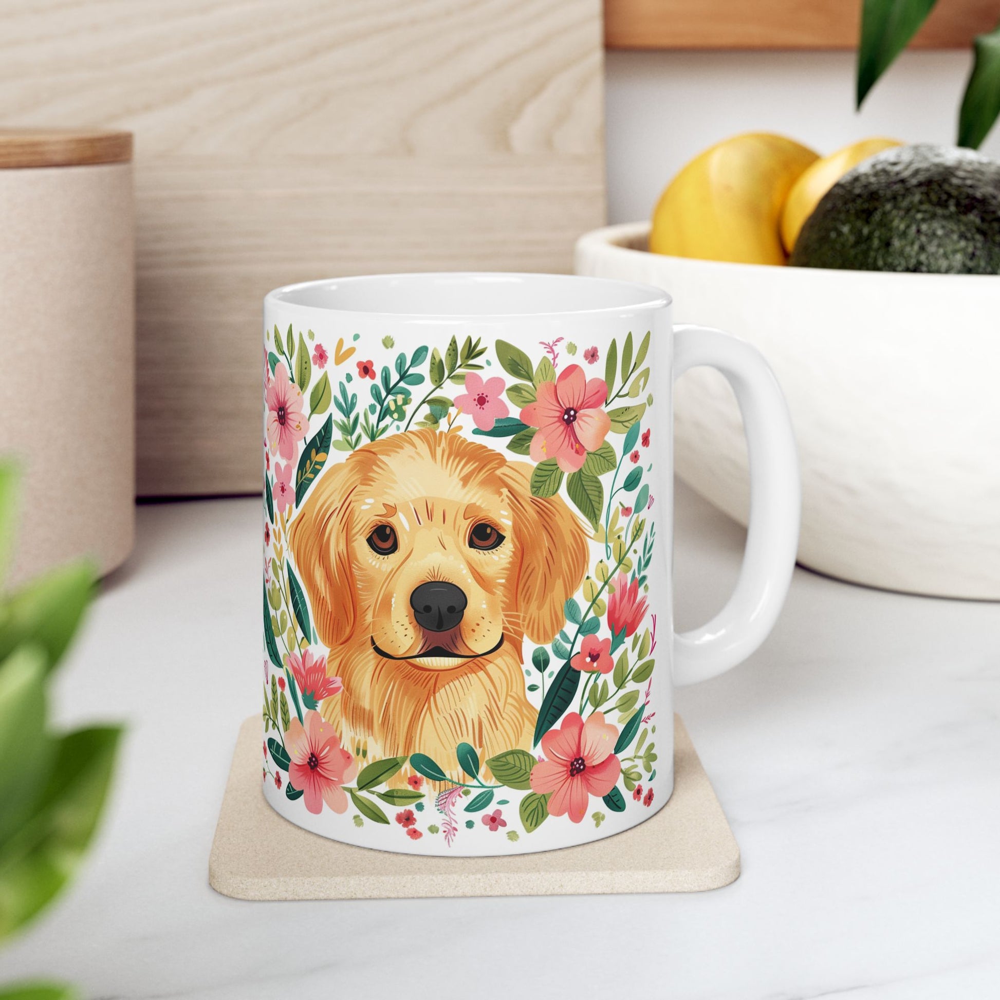 Golden Retriever Floral Mug - Cute Dog Lover's Ceramic Coffee Cup - Petunia Woof