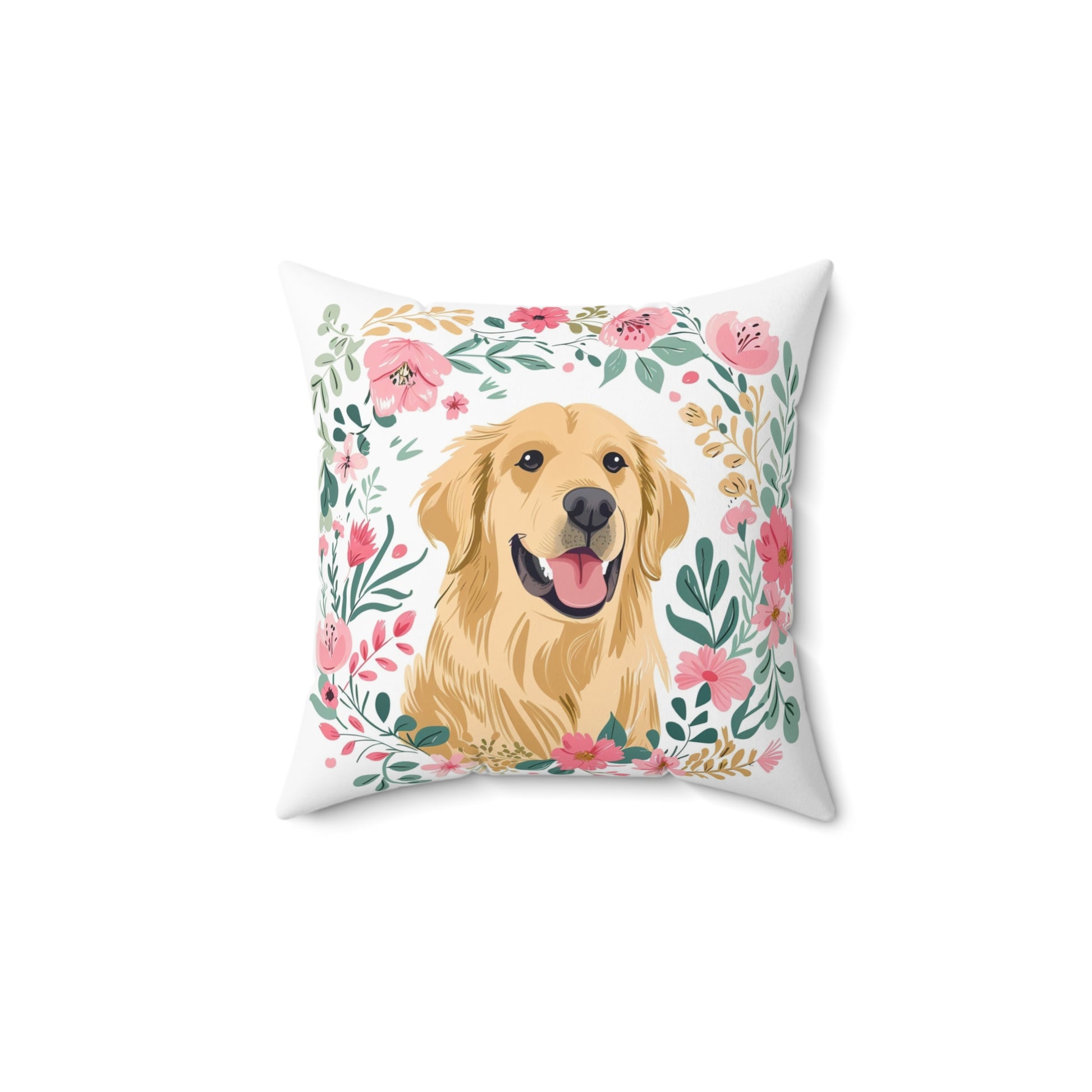 Golden Retriever Floral Throw Pillow - Cozy Pet Lover Home Decor - Petunia Woof