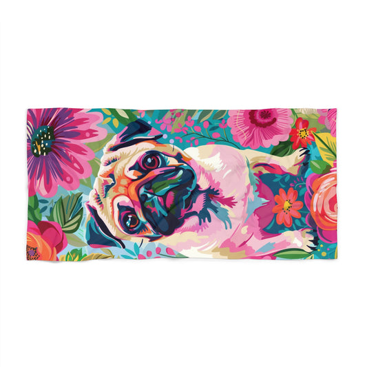 Vibrant Pug Beach Towel | Colorful Floral Design for Pug Lovers | Pug Lovers Gift - Petunia Woof