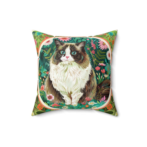Whimsical Cat Floral Square Pillow