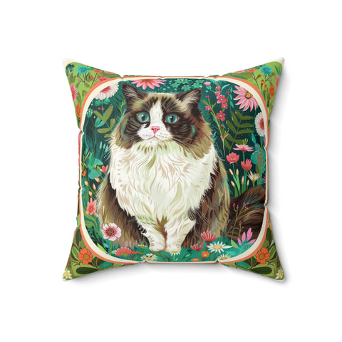 Whimsical Cat Floral Square Pillow