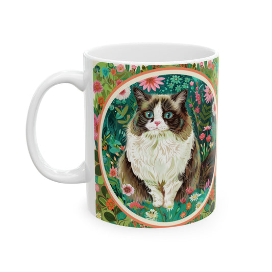 Floral Cat Ceramic Mug - 11oz - Perfect Gift for Cat Lovers - Petunia Woof