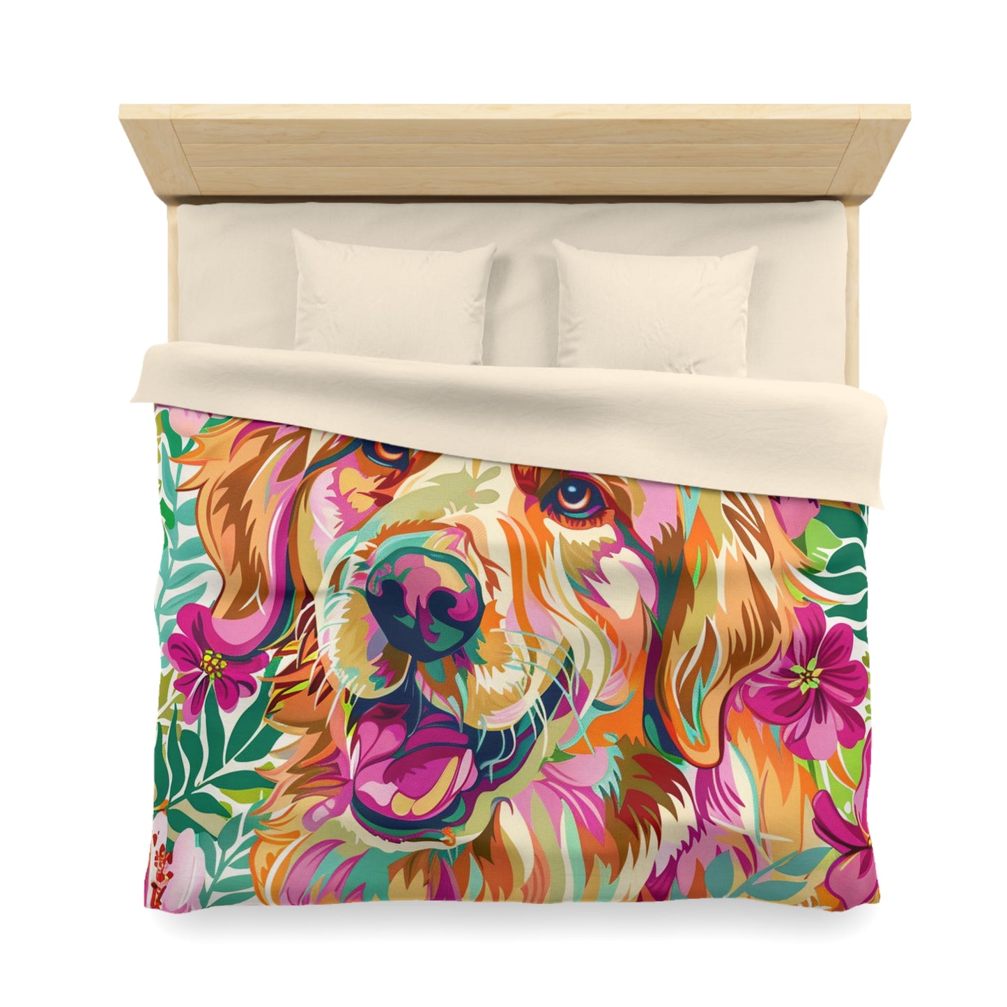 Colorful Golden Retriever Microfiber Duvet Cover - Vibrant Pet Lover Bedding - Petunia Woof