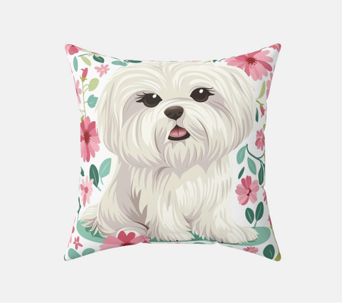 Maltese Floral Throw Pillow