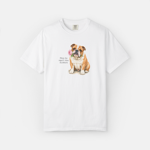 Custom dog photo tee — stop to smell the flowers personalized pet shirt — Petunia Woof