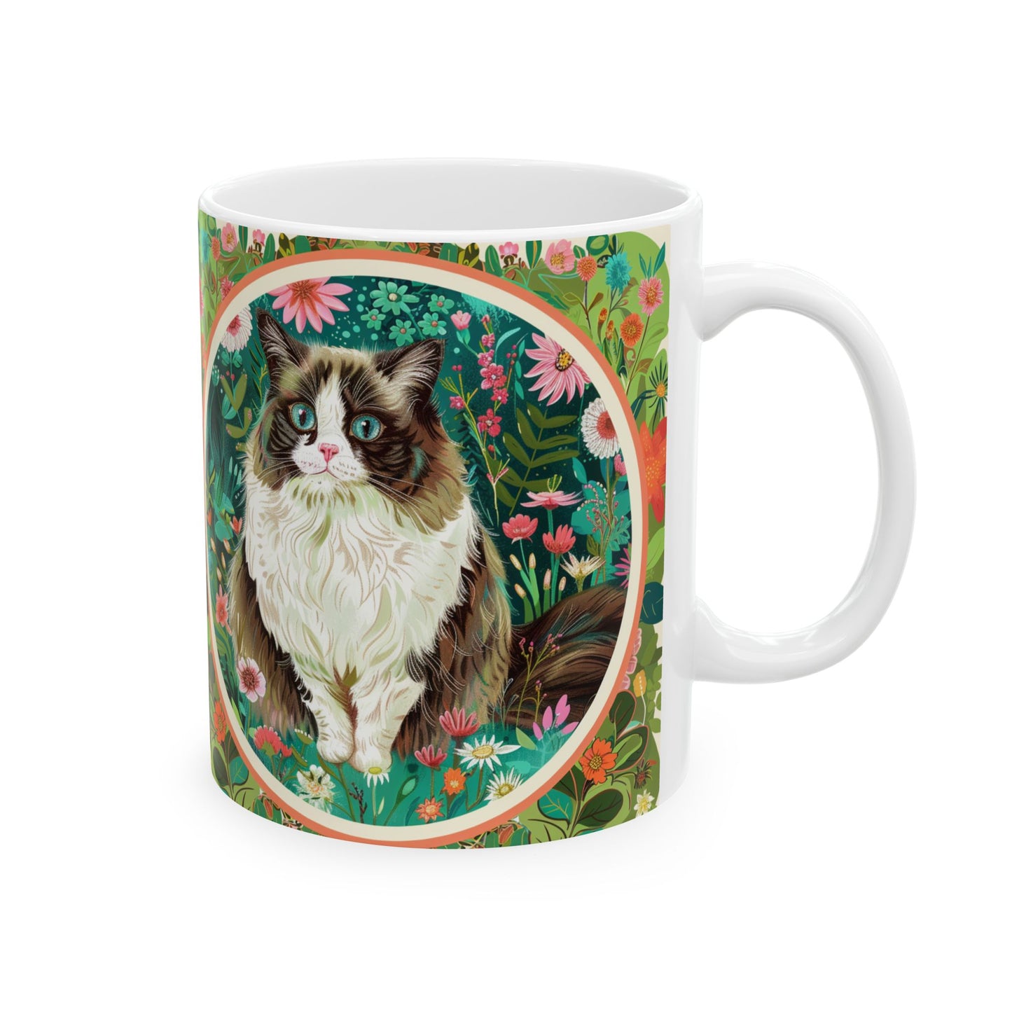 Floral Cat Ceramic Mug - 11oz - Perfect Gift for Cat Lovers - Petunia Woof