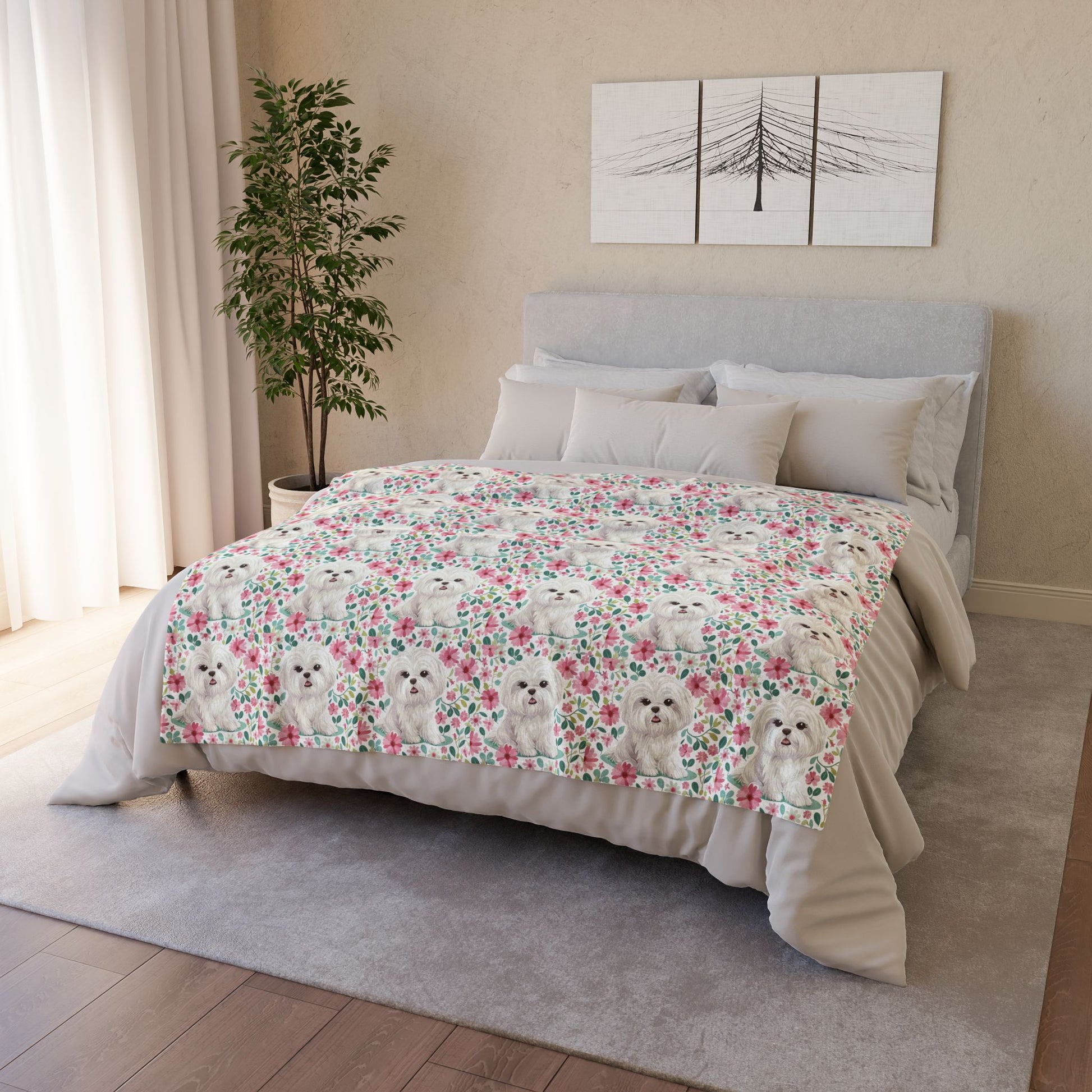 Cute Maltese Cute Puppy Floral Soft Polyester Blanket - Cozy for Pet Lovers - Petunia Woof