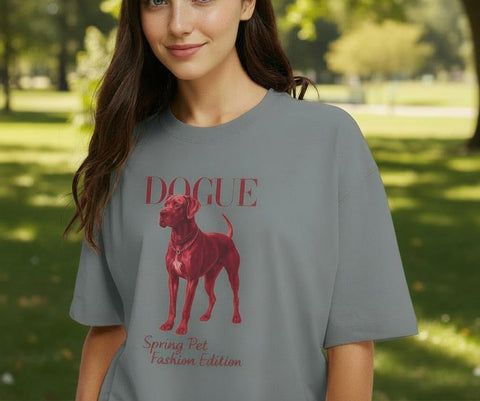 Woman wearing a gray t-shirt with a red dog graphic and text in a park.