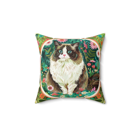 Whimsical Cat Floral Square Pillow
