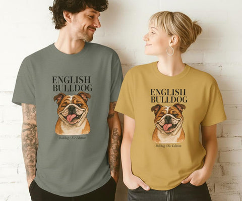 Two people wearing t-shirts with English Bulldog illustrations against a white brick wall.