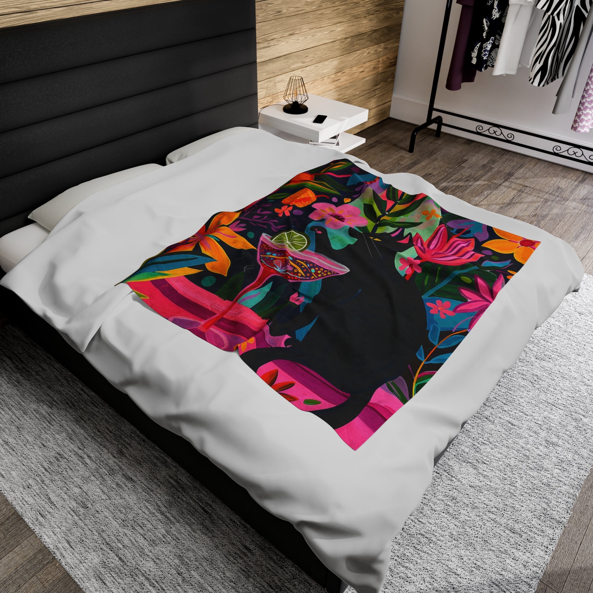 Tropical Cat-Themed Velveteen Plush Blanket - Cozy Home Decor for Cat Lovers - Petunia Woof