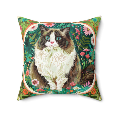 Whimsical Cat Floral Square Pillow