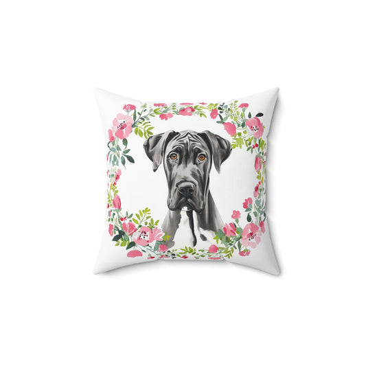 Cute Great Dane Flowered Square Pillow - Petunia Woof