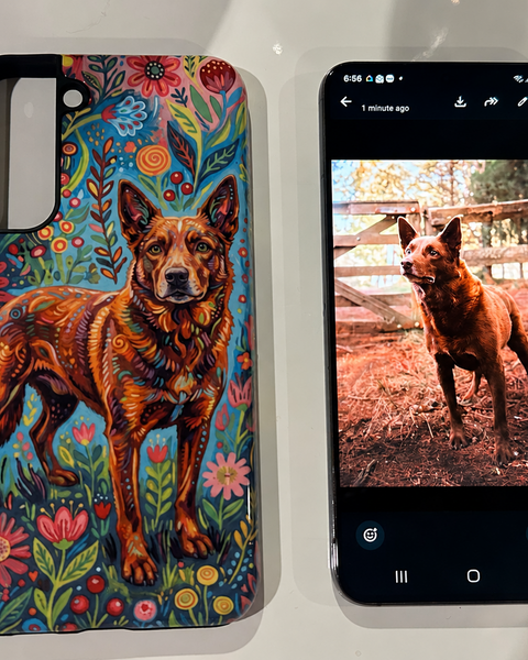 A phone case with a colorful, hand-painted style illustration of a brown dog surrounded by flowers, shown next to a smartphone displaying the original photo of the dog.