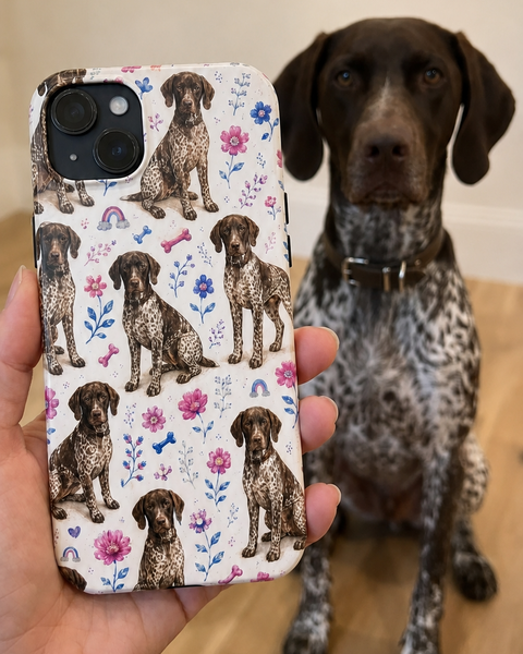 A hand holds a phone case featuring a repeating pattern of German Shorthaired Pointer dogs and small pink and blue flowers on a white background. A real dog sits in the blurred background on a wooden floor indoors.