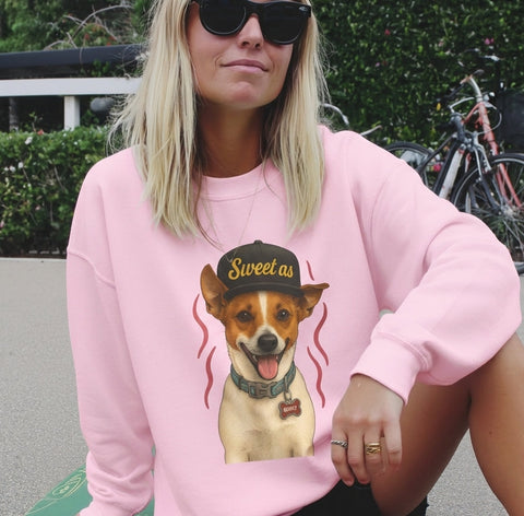 Person wearing a pink sweatshirt with a dog graphic and text, sitting on a skateboard.