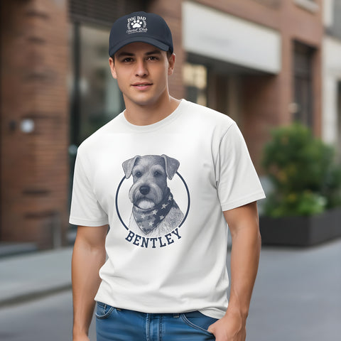 Man wearing a white t-shirt with a dog graphic and 'Bentley' text, standing outdoors.