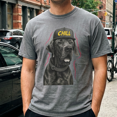 Man wearing a t-shirt with a dog graphic and 'CHILL' text on a city street.